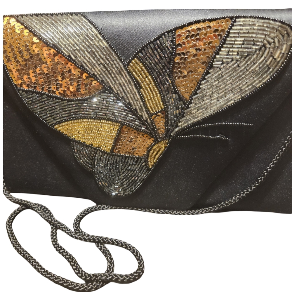 Carla Marchi | Butterfly Beaded Black Evening Clutch with Braided Strap - Picture 3 of 10